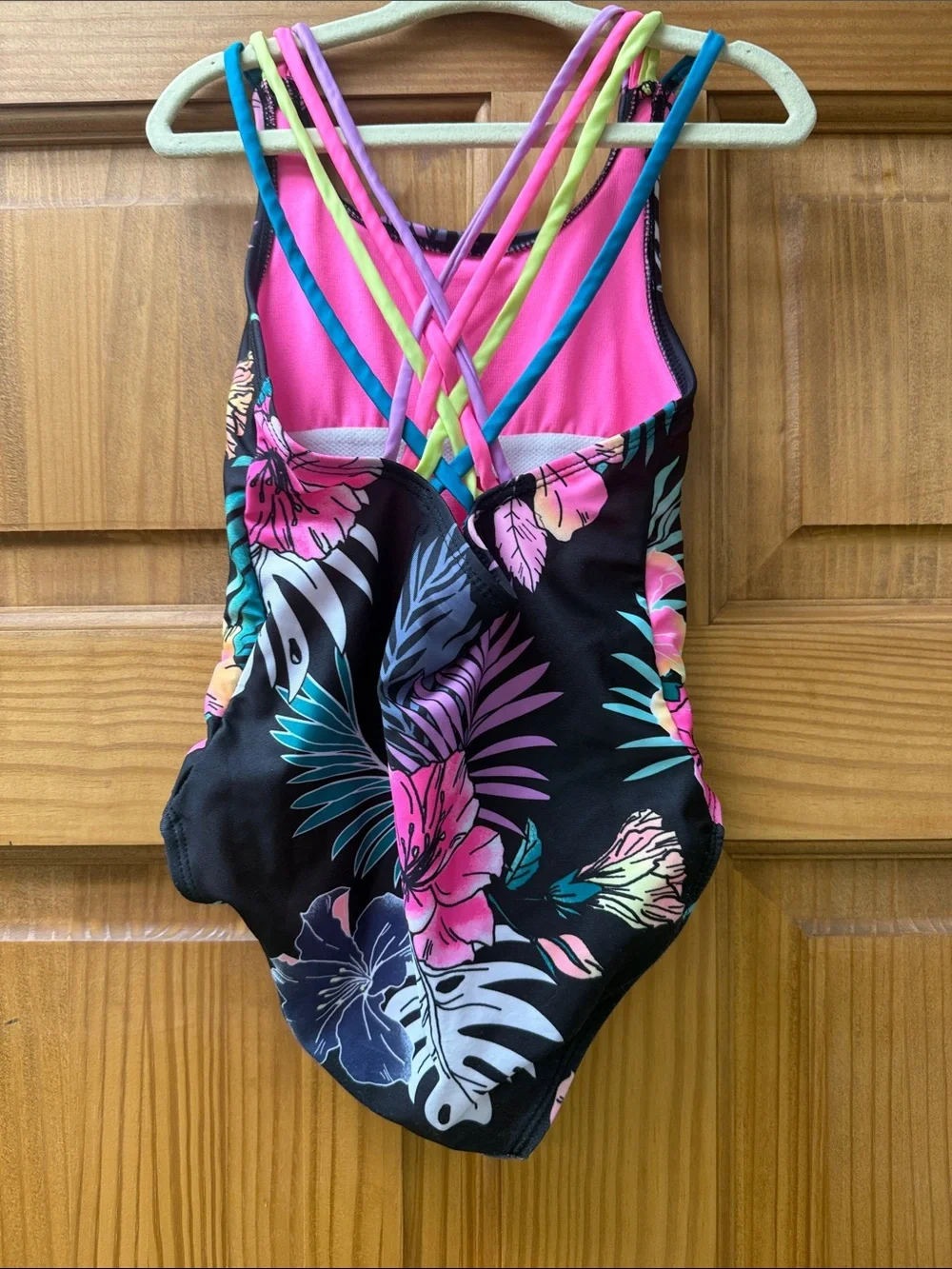 Justice Black One-Piece Swimsuit with Pink Tropical Floral Print